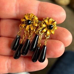 VTG Miriam Haskell Filigree Gold & Black Dangle Earrings